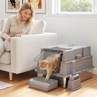 PawHut Katzenklo XXL Edelstahl Katzentoilette 130L mit 180° Klappdeckel Hohen Seitenwänden Schaufel Trittstufe 70x50x43cm Grau