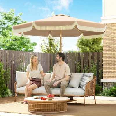 Outsunny Sombrilla de Jardín Ø266x238 cm con Ángulo Ajustable Manivela y Toldo con Flecos Decorativos para Patio Terraza Caqui
