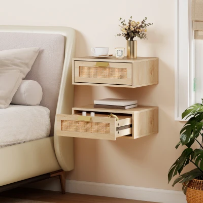 HOMCOM Wall-Mounted Bedside Cabinets Rattan Drawer Oak