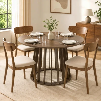 HOMCOM Dining Table Round Slatted Base 120cm Light Walnut