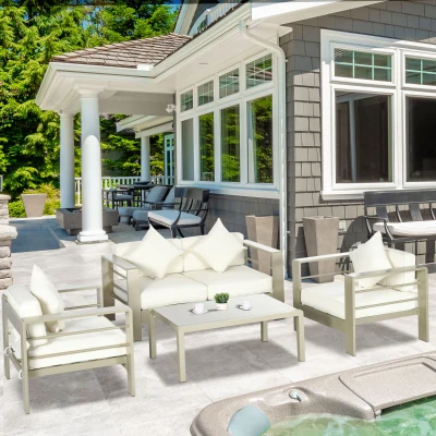 Outsunny 4 Pieces Outdoor Garden Furniture Set - Aluminium Frame Backyard Furniture with Thick Padded Cushions for Loveseat, 2 Chairs, and Glass Top Table, Champagne Gold