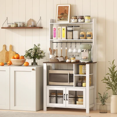 HOMCOM Alacena de Cocina con 6 Ganchos para Tazas 2 Puertas de Vidrio Estantes Abiertos 80x40x152 cm Blanco