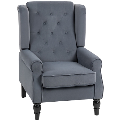 HOMCOM Ohrensessel Relaxsessel Sessel, Vintage-Design, Knopfheftung, gedrechselte Beine, 74 cm x 86 cm x 102 cm, Grau