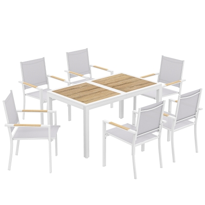 Outsunny Conjunto de Mesa y Sillas Jardín con Mesa de Plástico PSPC y 6 Sillas Apilables Transpirables para Terraza Patio Blanco