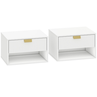HOMCOM Juego de 2 Mesitas de Noche Flotantes con Cajón con Frente Ondulado y Estante Abierto Diseño Moderno 40x30x25 cm Blanco