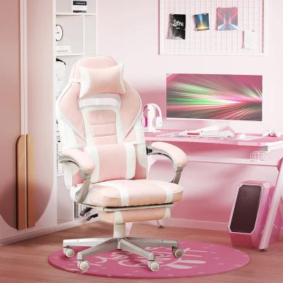 HOMCOM Chaise gaming, fauteuil gaming ergonomique avec repose-pieds, hauteur réglable, dossier inclinable, 63x63x123cm, rose