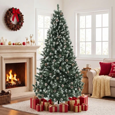 HOMCOM Árbol de Navidad 210cm con 998 Ramas Nevadas y Piñas Apertura Automática y Base Plegable, Verde