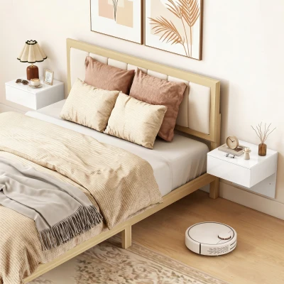 HOMCOM Juego de 2 Mesitas de Noche Flotantes con Cajón Montado en la Pared para Dormitorio 40x35x36,2 cm Blanco Brillo
