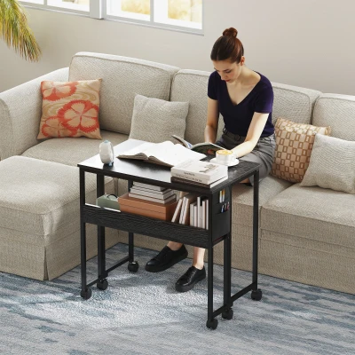 HOMCOM Escritorio Plegable con Ruedas Balda y Bolsillo de Almacenaje Ideal para Espacios Pequeños 80x50x75 cm Negro