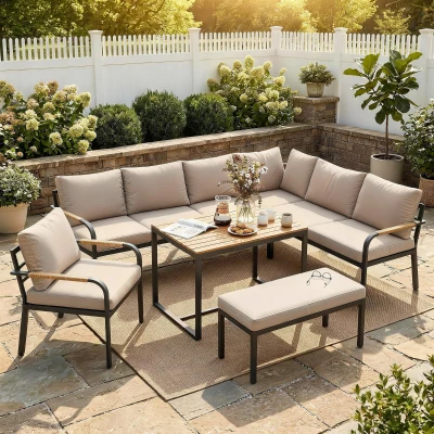 Outsunny Salon de Jardin 7pcs Canapé d’Angle Extérieur Table Pouf