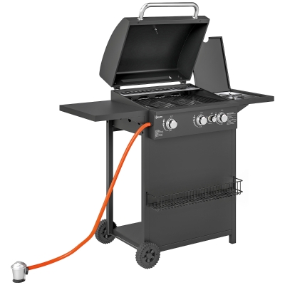 Outsunny Barbacoa de Gas con 3 Quemadores Parrilla para 5-9 Personas Quemador Lateral Termómetro y Ruedas 123x58x98 cm Negro