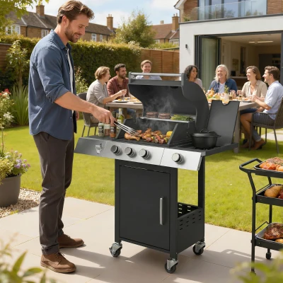 Outsunny Gasgrill 10,5 KW 3+1 Brenner BBQ Grillwagen Edelstahl inkl Seitenbrenner Flaschenöffner Thermometer Gusseisen-Grillrost