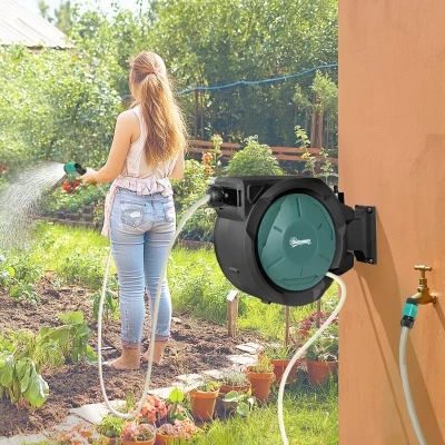 Outsunny Wall-Mounted Hose Reel 20+2m Auto Rewind Black
