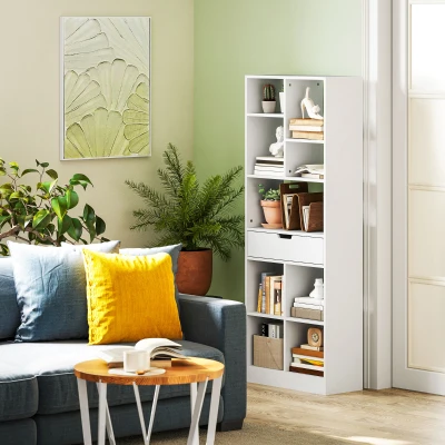 HOMCOM Bücherregal, Mehrzweckregal, 9 Fächer, Schublade, Kippschutz, 60 x 26 x 158 cm, Weiß