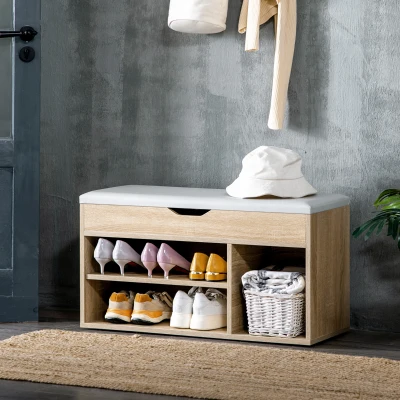 HOMCOM Shoes Cabinet Bench Oak Tone Hidden Storage