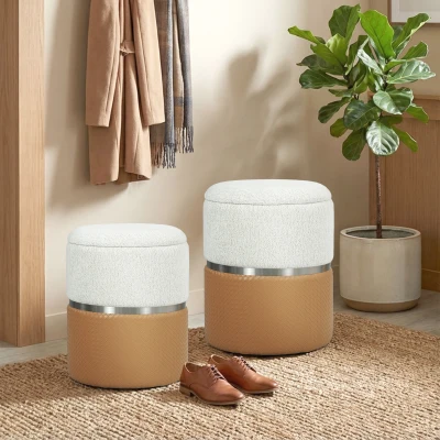 HOMCOM Juego de 2 Puff Almacenaje Tapizados en Chenilla y PU Asiento Acolchado para Pasillo Dormitorio Marrón y Crema
