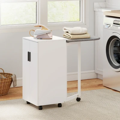 HOMCOM 2-in-1 faltbarer Bügelbrettschrank auf Rollen mit Bügelbrett und verstellbarem Regal für kleine Räume, Weiß