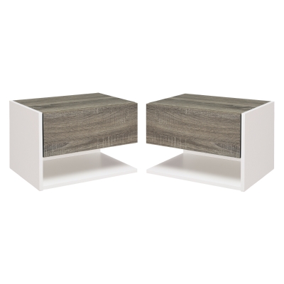 HOMCOM 2 tlg. Wandnachttische Nachttisch Wandschrank mit Schublade, Schlafzimmer Nachtkommode, Beistelltisch, Spanplatte, Eiche+Weiß, 46 x 30 x 30 cm