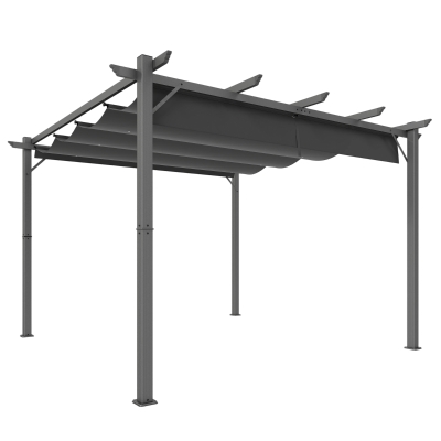 Outsunny Pérgola de Jardín 3x3 m con Techo Retráctil Protección UPF30+ Drenaje Marco de Aluminio para Patio Exterior Gris Oscuro