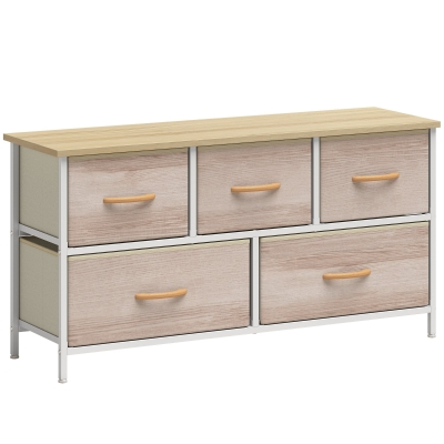 HOMCOM Cómoda con 5 Cajones de Tela Cómoda para Dormitorio Marco de Metal Cajonera para Salón Oficina Natural y Blanco