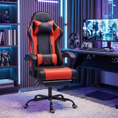 HOMCOM Silla Gamer con Lumbar Masaje Vibración Reclinable 155° Altura Ajustable Reposacabezas y Reposapiés Retráctil Rojo