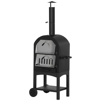 Outsunny 2-In-1 Pizzaofen Outdoor mit Rollen Grillofen mit Schutzhülle Pizzaschaufel 2 Grillnetzen Grillwagen mit Schornstein 3-Tier Holzbackofen für BBQ Stahl Schwarz+Silber 63 x 54 x 161 cm