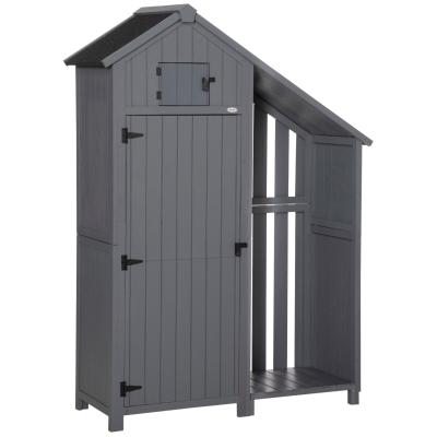 Outsunny Gartenschrank, offenes Brennholzfach, verriegelbare Tür, wetterfest, Naturholz, 129 x 51,5 x 180cm, grau+schwarz