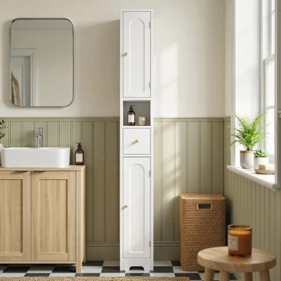 HOMCOM Badezimmerschrank schmaler Badschrank mit Schublade gewölbten Türen offenem Fach verstellbare Ablage 20x20x185 cm Weiß