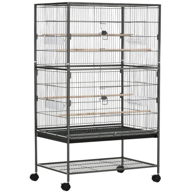 PawHut Cage Oiseaux Bois avec Roues et Perchoir 78x52x132cm