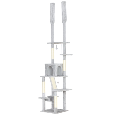 PawHut Albero Tiragraffi a Soffitto Regolabile 225-255cm Grigio