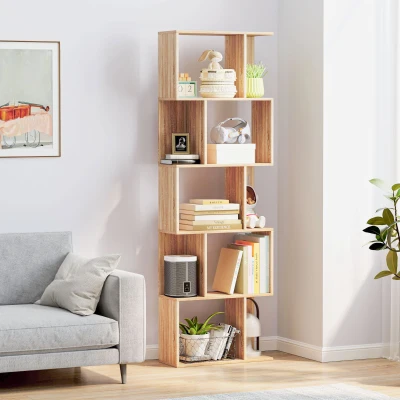 HOMCOM Librería de 5 Niveles Estantería para Libros en Forma de S para Salón Dormitorio Estudio Oficina 24x60x184,5 cm Natural