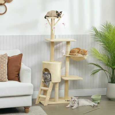 PawHut Torre per Gatti con Casetta, Trespolo e Piattaforme Beige
