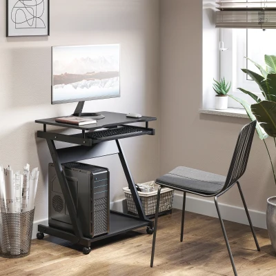 HOMCOM Mesa de Ordenador con Ruedas 60x48 cm con Bandeja Deslizante para Teclado y Estante Inferior Marco Metálico Negro