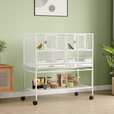 PawHut Jaula para Pájaros Grande con Divisor Ruedas 4 Comederos 4 Perchas Estante 2 Bandejas Extraíbles 95x45,5x102 cm Blanco