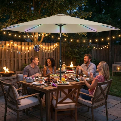 Outsunny Garden Parasol 3m Solar LED Patio Umbrella Beige