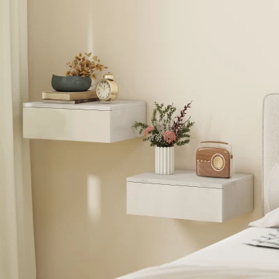 HOMCOM 2-delig set nachtkastjes, wandmontage ontwerp, lade, voor slaapkamer, spaanplaat, Wit