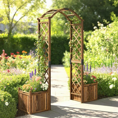 Outsunny Wooden Garden Arch with Planter Boxes Carbonised