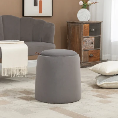 HOMCOM 2-in-1 Pouf in fluweellook met opbergruimte en afneembare deksel Φ44 cm x 47,5 cm Donkergrijs