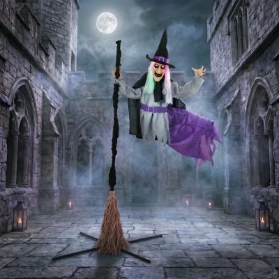 HOMCOM Life Size Animated Flying Witch Halloween Decor 200cm