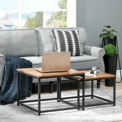 HOMCOM Set van 2 bijzettafels, industrieel design, zwart stalen frame, tafelblad met houteffect