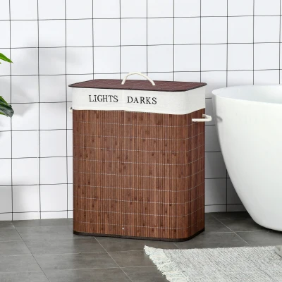 HOMCOM Panier à linge 100L avec 2 bacs bambou pliable couvercle poignée avec Sac amovible et lavable marron