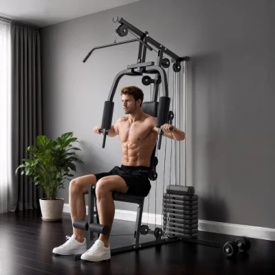 HOMCOM Máquina de Musculação com Pesos Ajustáveis de 45 kg, Press de Peito e Pernas, Polia, 135x103x200 cm, Preto
