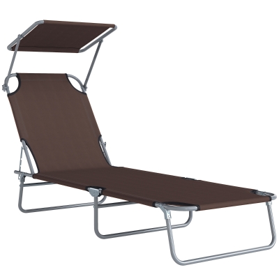 Outsunny Klapbare ligstoel met zonnescherm, verstelbare rugleuning, metalen frame, 187 x 58 x 36 cm, bruin