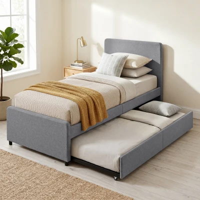 HOMCOM Single Bed Frame Pull-Out Trundle Upholstered Dark Grey
