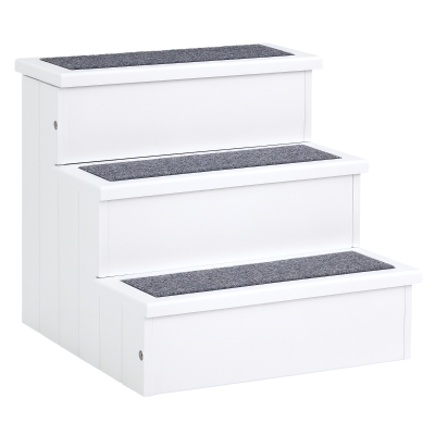 PawHut Escalera para Mascotas 3 Peldaños con Espacio de Almacenaje y Alfombra Antideslizantes Portátil Madera para Vehículo Carga 30 kg 40,5x44,5x38 cm Blanco