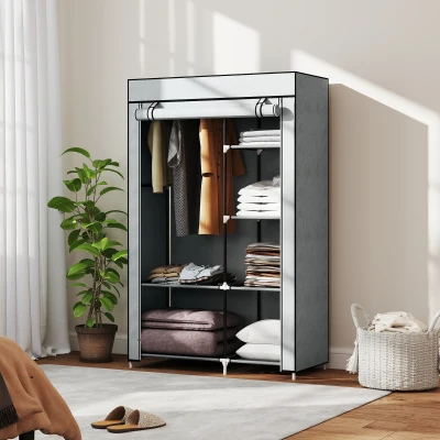 HOMCOM Fabric Wardrobe Portable with 6 Shelves Light Grey