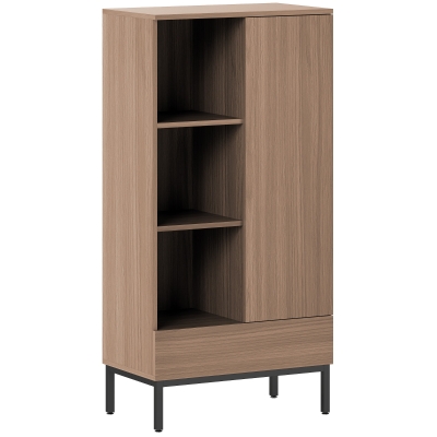 HOMCOM Aparador para Salón Moderno con Puerta Cajón Estante Ajustable y 3 Compartimentos Abiertos 60x34x121 cm Natural