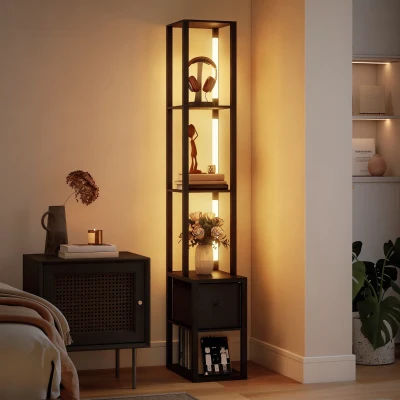 HOMCOM Floor Lamp with Shelves LED Fabric Drawer Black