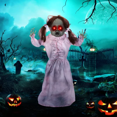 HOMCOM Horrorpop, Halloween decor, geactiveerd met geluid/aanraking, rode ogen, geluid, 76 cm