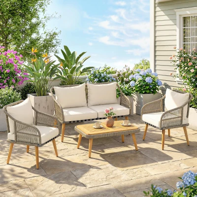 Outsunny Rattan Garden Furniture Set Wood Table Cream White 4 Piece